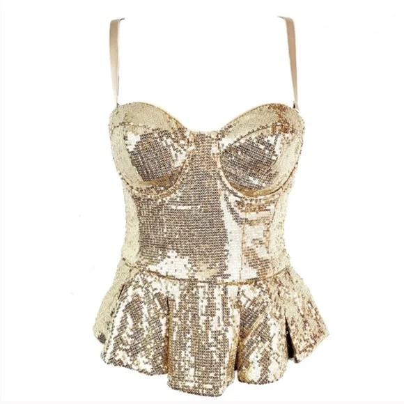 Bebe Gold Sequin Sparkly Strapless Peplum Top NWOT - Picture 2 of 15